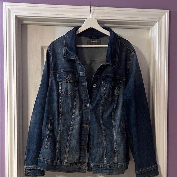 torrid Jackets & Blazers - torrid Dark Blue Denim Jacket with Faded Detailing